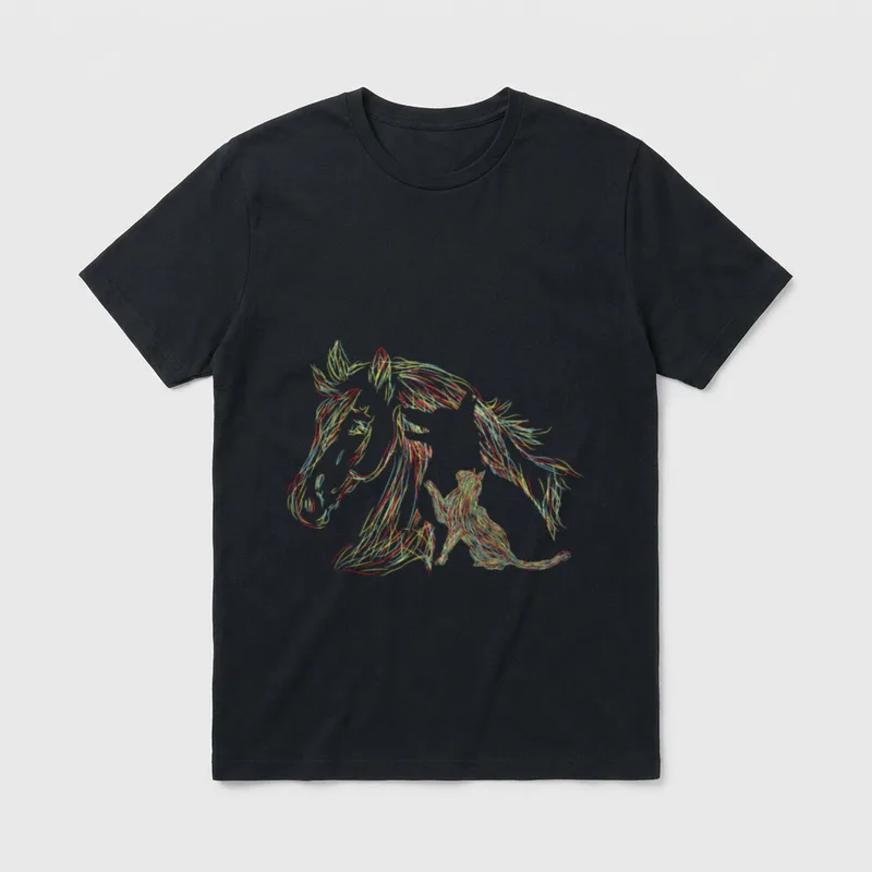 Pferd Hund Katze abstrakte T-Shirt – Abstraktes Motiv von Pferd und Katze in bunten Strichen – Klassisches T-Shirt in Schwarz