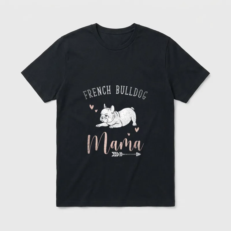 Hunde Mutter zum Muttertag T-Shirt – French Bulldogge Skizze mit Mama Schriftzug und Herzen – Klassisches T-Shirt in Schwarz