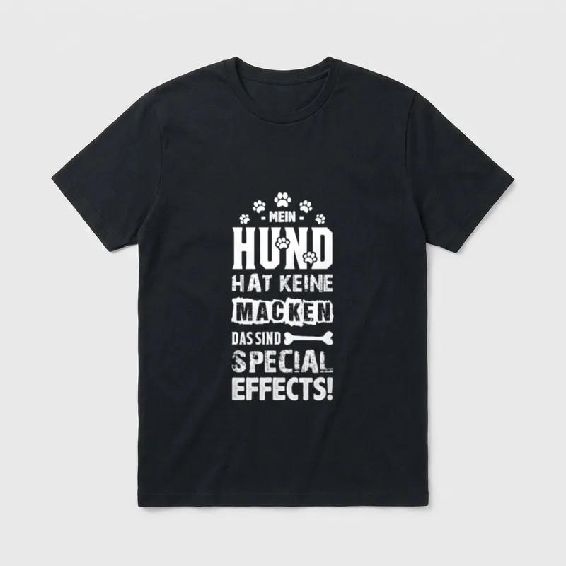Hund mit Special Effects T-Shirt – Weißer Schriftzug mit Pfoten und Knochen auf grauem Grund – Klassisches T-Shirt in Schwarz