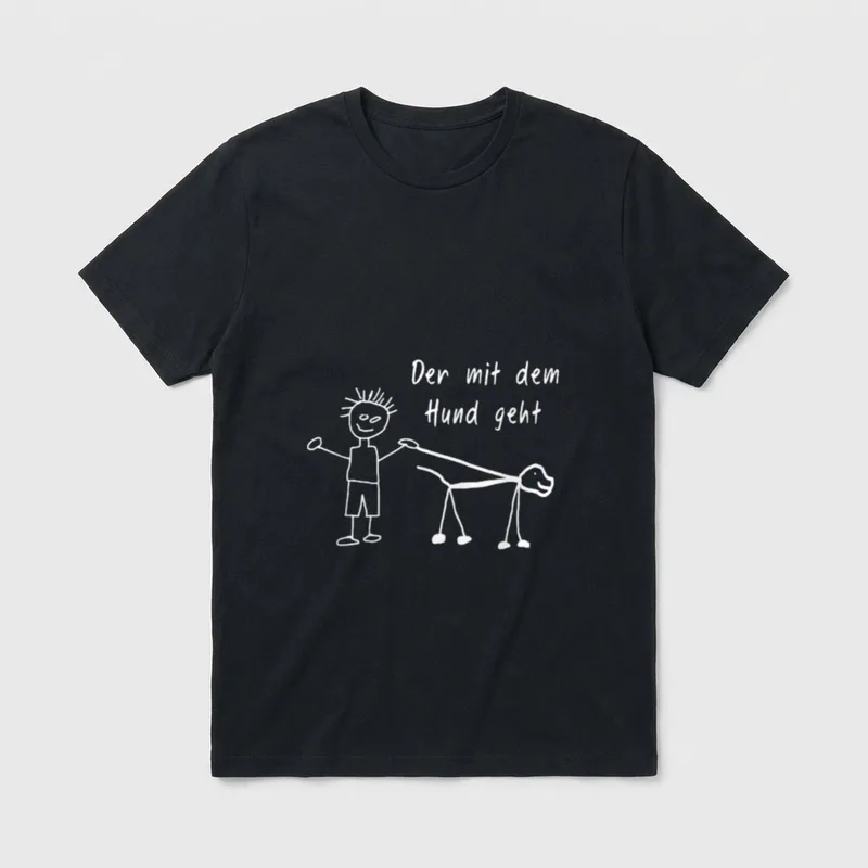Der mit dem Hund T-Shirt 0097 – Strichmännchen hält Leine, Text: Der mit dem Hund geht – Klassisches T-Shirt in Schwarz