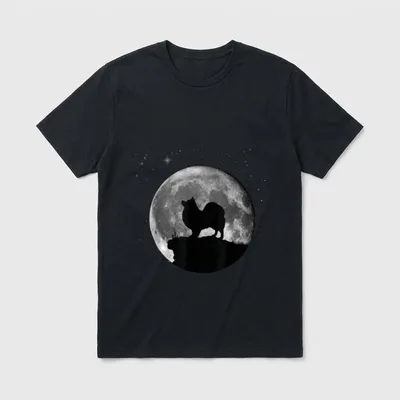 Deutscher Spitz Hunde T-Shirt – Hund-Silhouette vor Vollmond und Sternen in Schwarz-Weiß – Klassisches T-Shirt in Schwarz
