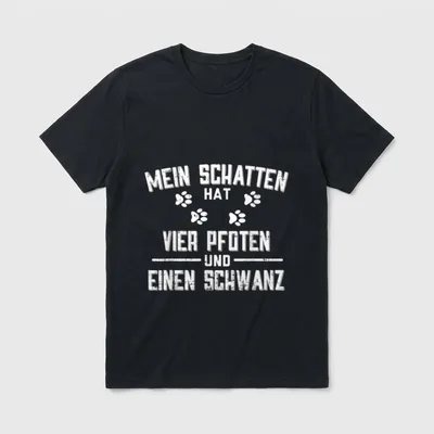Mein Schatten Hat 4 T-Shirt – Weißer Schriftzug mit vier Pfotenabdrücken auf grauem Grund – Klassisches T-Shirt in Schwarz