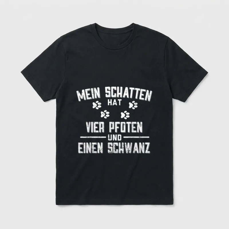 Mein Schatten Hat 4 T-Shirt – Weißer Schriftzug mit vier Pfotenabdrücken auf grauem Grund – Klassisches T-Shirt in Schwarz