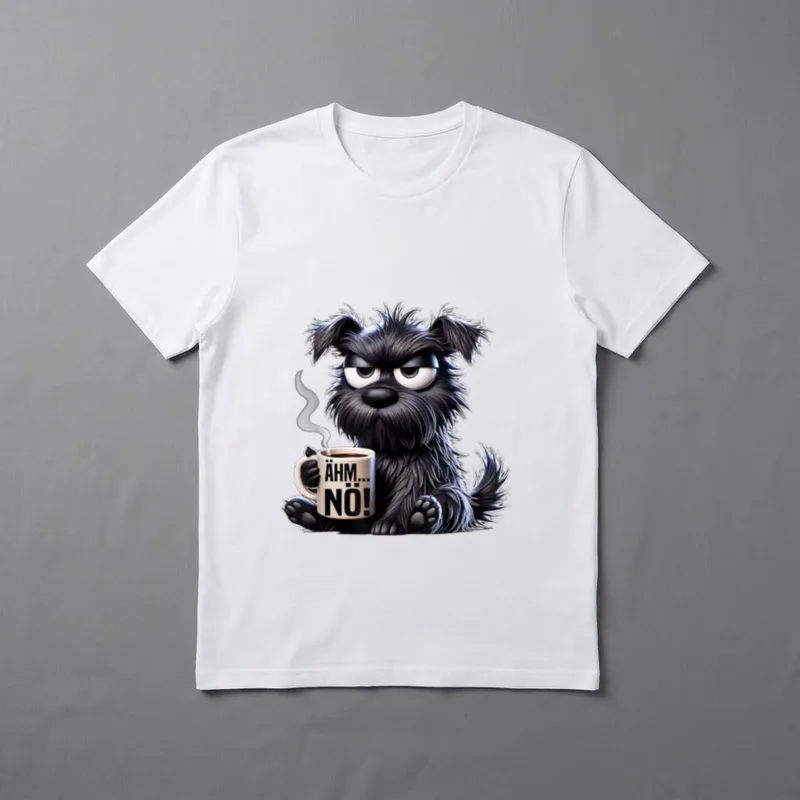 Ähm No Hund Lustiges T-Shirt – Schwarzer müder Hund hält Tasse mit der Aufschrift ÄHM... NÖ! – Klassisches T-Shirt in Schwarz