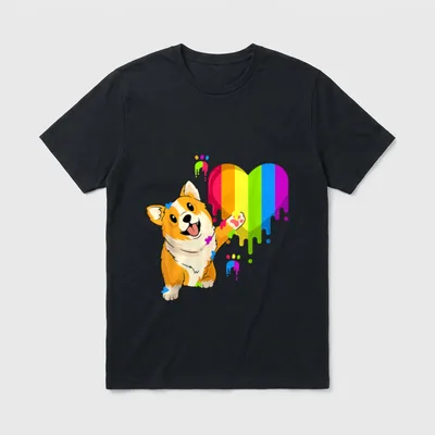 LGBTQ Pride Community Hund T-Shirt – Corgi-Welpen hält Pfote vor tropfendes Regenbogenherz – Klassisches T-Shirt in Schwarz