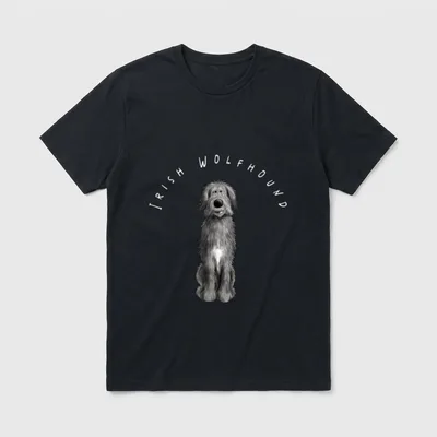 Lustiger Irischer Wolfshund T T-Shirt – Irischer Wolfshund Zeichnung mit Bogen-Schriftzug – Klassisches T-Shirt in Schwarz