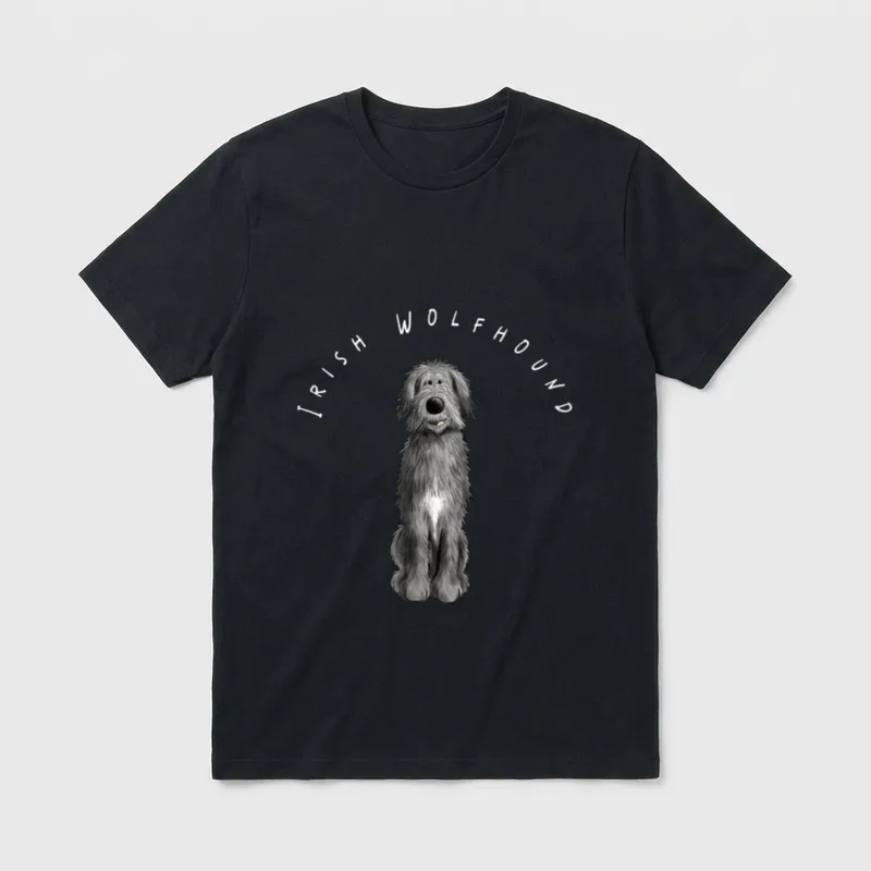 Lustiger Irischer Wolfshund T T-Shirt – Irischer Wolfshund Zeichnung mit Bogen-Schriftzug – Klassisches T-Shirt in Schwarz