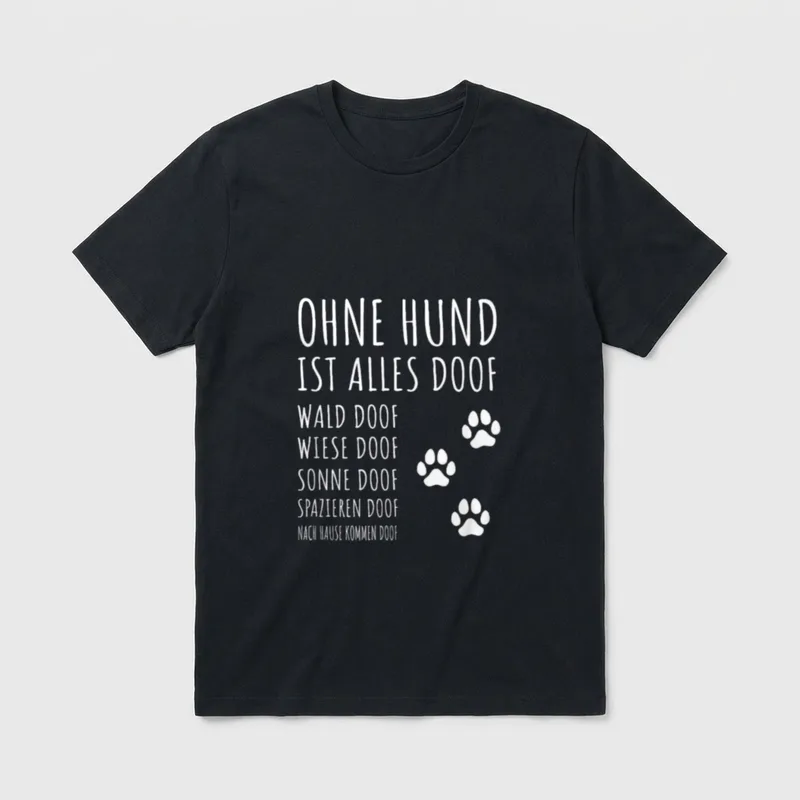 Ohne Hund ist alles doof T-Shirt – Schriftzug ohne Hund ist alles doof mit Pfotenabdrücken – Klassisches T-Shirt in Schwarz