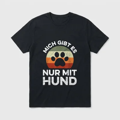 Mich Gibt Es Nur T-Shirt – Retrofarbiger Kreis mit grauer Hundepfote und weißer Schrift – Klassisches T-Shirt in Schwarz