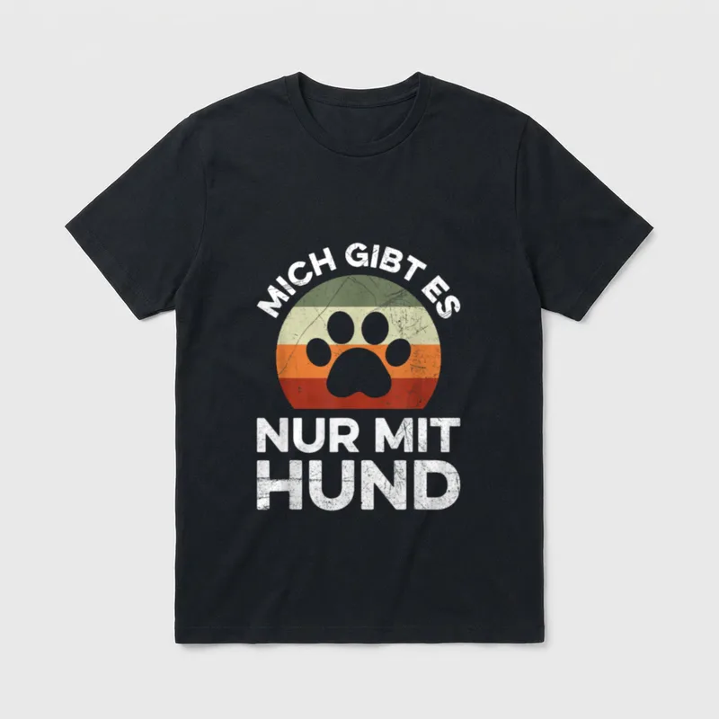 Mich Gibt Es Nur T-Shirt – Retrofarbiger Kreis mit grauer Hundepfote und weißer Schrift – Klassisches T-Shirt in Schwarz