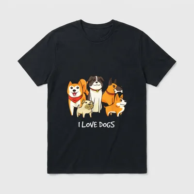 Niedlich Ich Liebe Hunde T-Shirt – Fünf cartoonhafte Hunde mit dem Schriftzug I Love Do – Klassisches T-Shirt in Schwarz