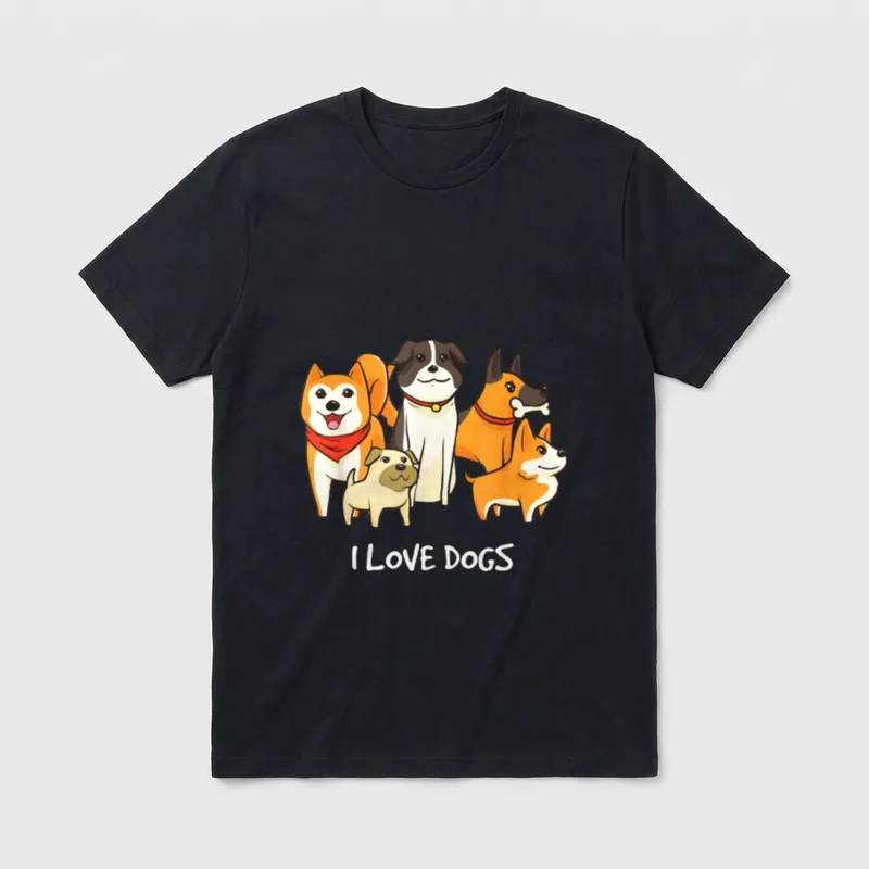 Niedlich Ich Liebe Hunde T-Shirt – Fünf cartoonhafte Hunde mit dem Schriftzug I Love Do – Klassisches T-Shirt in Schwarz