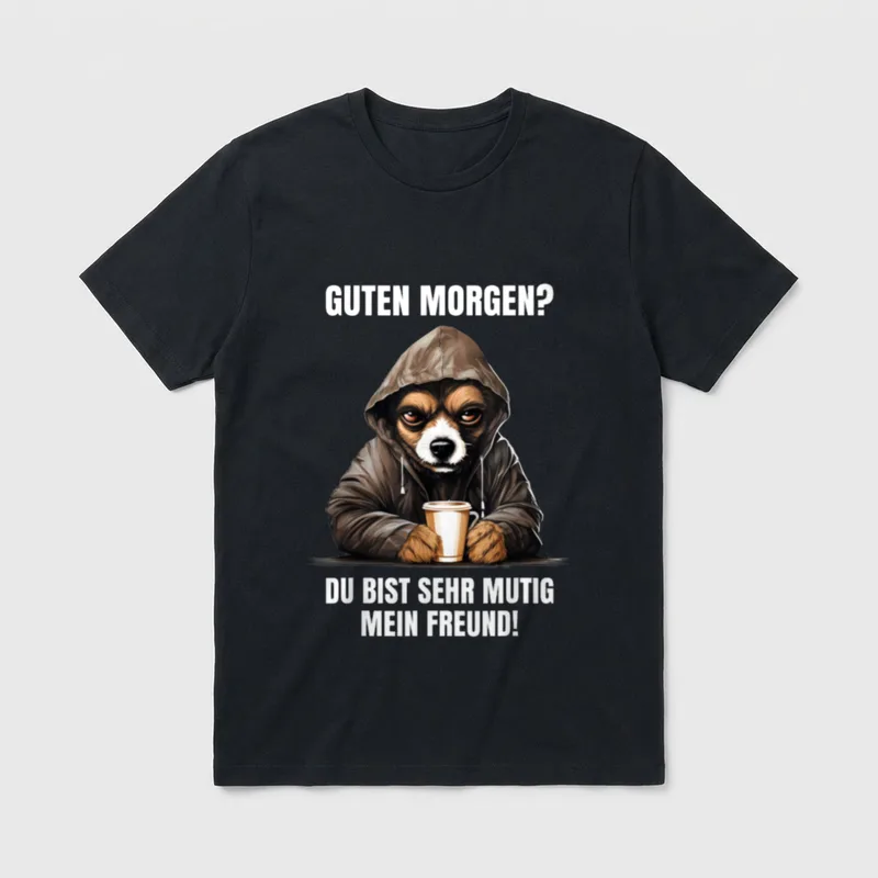 Lustiger und müder Hund T-Shirt – Schlafiger Hund in Kapuzenjacke mit Kaffee und Text – Klassisches T-Shirt in Schwarz