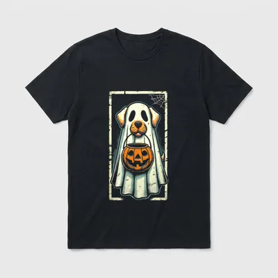 Niedlicher Geist Hund Männer T-Shirt – Hund als Geist mit Halloween-Pumpkin Eimer – Klassisches T-Shirt in Schwarz