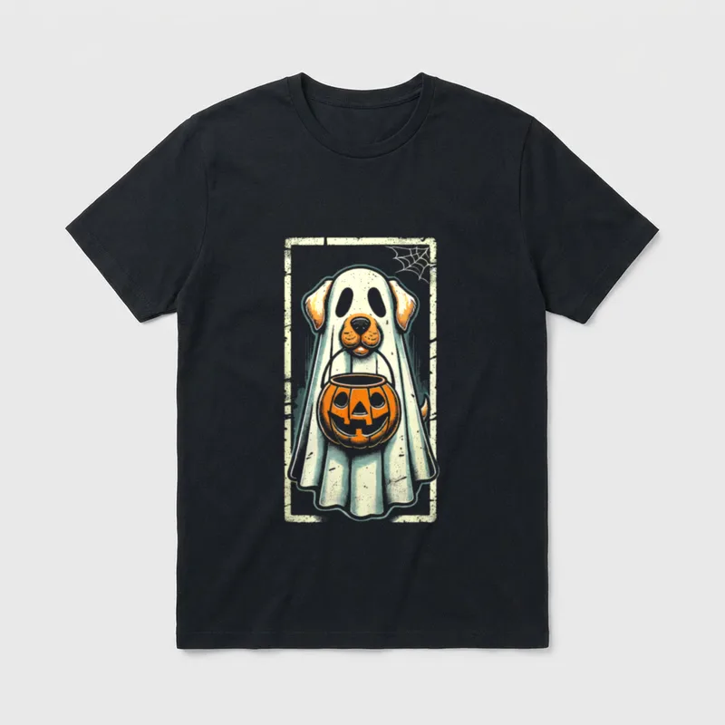 Niedlicher Geist Hund Männer T-Shirt – Hund als Geist mit Halloween-Pumpkin Eimer – Klassisches T-Shirt in Schwarz
