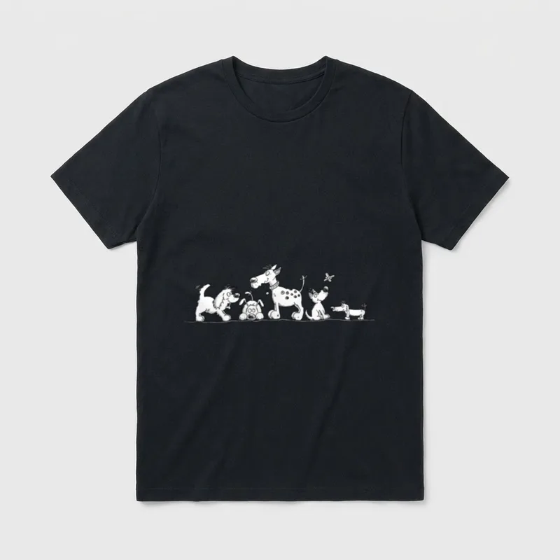 MODARTIS Hunde Motiv T-Shirt – Fünf Cartoon Hunde im Skizzenstil mit einem Schmetterling – Klassisches T-Shirt in Schwarz