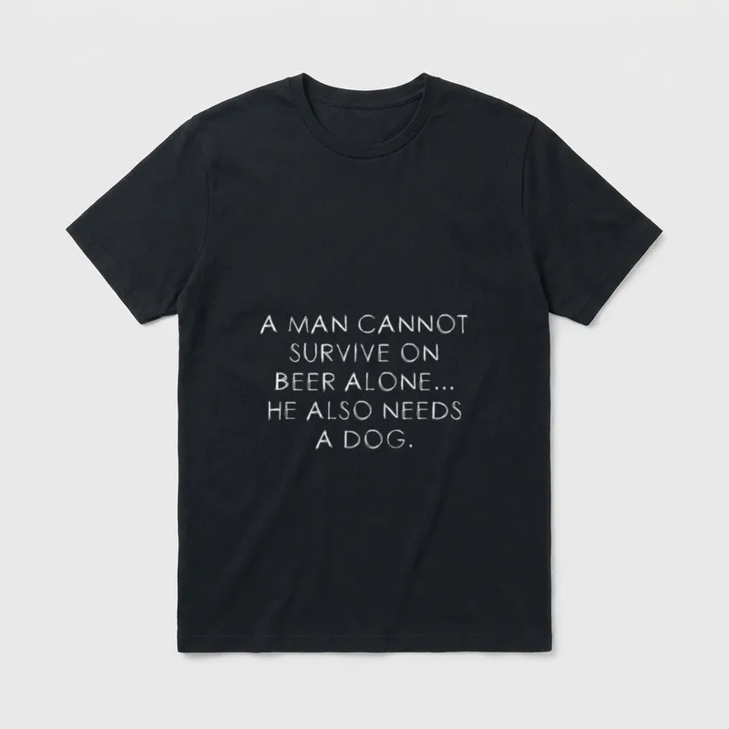 A Man Cannot Survive T-Shirt – Englischer Schriftzug über Bier und einen benötigten Hund – Klassisches T-Shirt in Schwarz