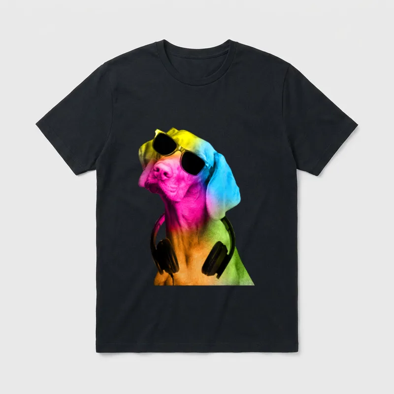 Lustiger Hund Bunt Rainbow T-Shirt – Bunter Regenbogen-Hund mit Sonnenbrille und DJ-Headset – Klassisches T-Shirt in Schwarz