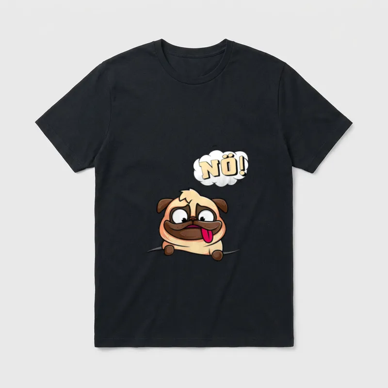 Statement Hund Nö Nein T-Shirt – Comic-Pug mit Sprechblase NÖ! und heraushängender Zunge – Klassisches T-Shirt in Schwarz