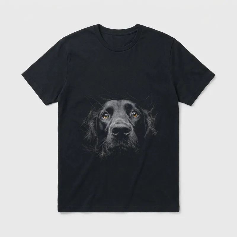 DogtastiQ Flach beschichteter Retriever-Hunde-Motiv T-Shirt – Klassisches T-Shirt in Schwarz