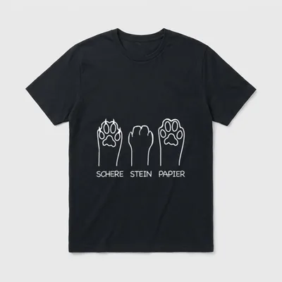 Schere Stein Papier Spiel T-Shirt – Weiße Hundepfoten als Schere, Stein und Papier mit Text – Klassisches T-Shirt in Schwarz
