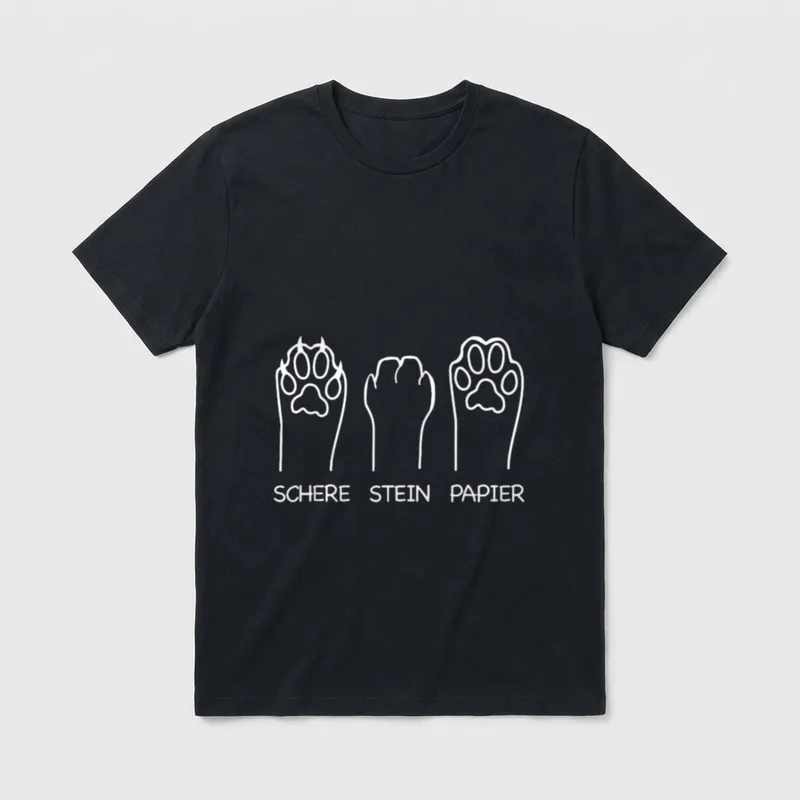 Schere Stein Papier Spiel T-Shirt – Weiße Hundepfoten als Schere, Stein und Papier mit Text – Klassisches T-Shirt in Schwarz
