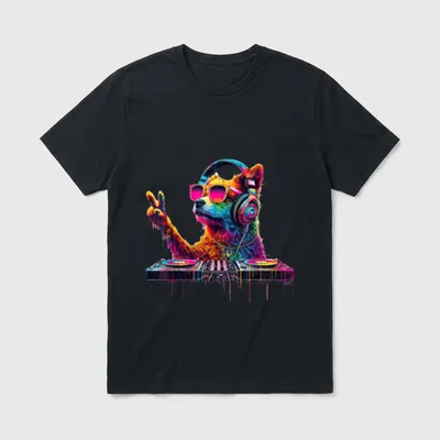Bunter Hund DJ T-Shirt – Farbiger Hund als DJ mit Headphones und Turntable – Klassisches T-Shirt in Schwarz