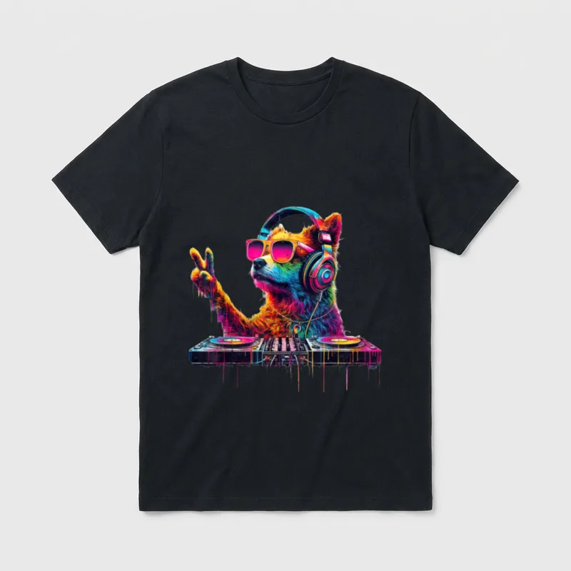 Bunter Hund DJ T-Shirt – Farbiger Hund als DJ mit Headphones und Turntable – Klassisches T-Shirt in Schwarz