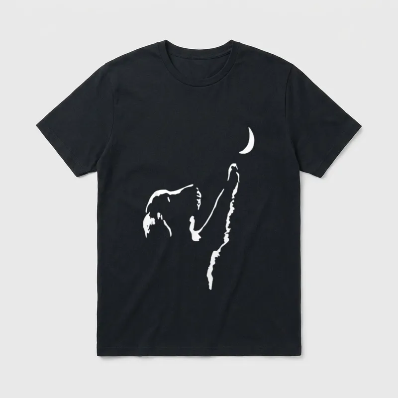 Hund mit Mond T-Shirt – Weiße Hundefigur und Halbmond auf dunklem Hintergrund – Klassisches T-Shirt in Schwarz