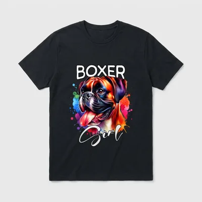 Boxer Girl Hund Mädchen T-Shirt – Bunter Boxer Kopf mit Tongabe und Schriftzug BOXER Girl – Klassisches T-Shirt in Schwarz