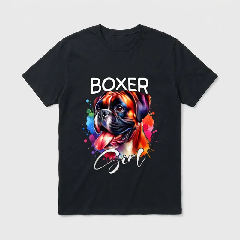 Boxer Girl Hund Mädchen T-Shirt – Bunter Boxer Kopf mit Tongabe und Schriftzug BOXER Girl – Klassisches T-Shirt in Schwarz