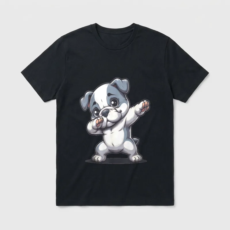 Dab American Bulldoge Tanzender T-Shirt – Grauer Bulldog-Welpen im Dab-Tanz mit großen Augen – Klassisches T-Shirt in Schwarz