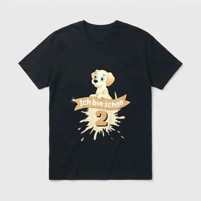 Ich bin schon 2 Hund T-Shirt – Welpenmotiv mit Banner Ich bin schon 2 und Farbspritz-Effekt – Klassisches T-Shirt in Schwarz