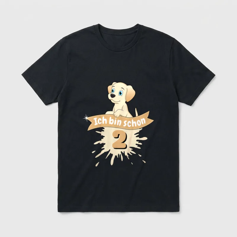 Ich bin schon 2 Hund T-Shirt – Welpenmotiv mit Banner Ich bin schon 2 und Farbspritz-Effekt – Klassisches T-Shirt in Schwarz