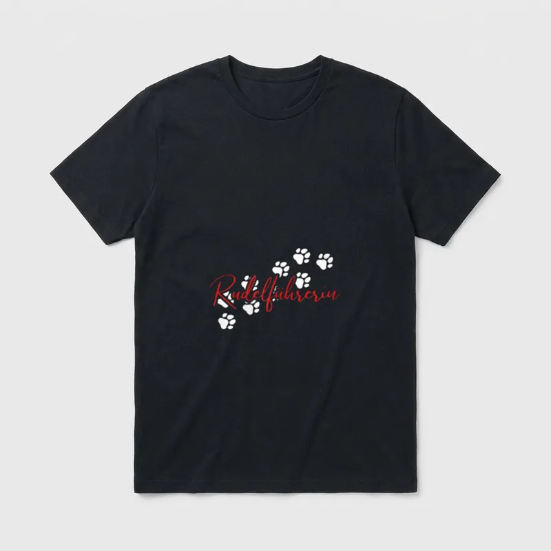 Anführerin des Hunde Rudels T-Shirt – Rote Schrift Rudelführerin mit weißen Pfotenabdrücken – Klassisches T-Shirt in Schwarz