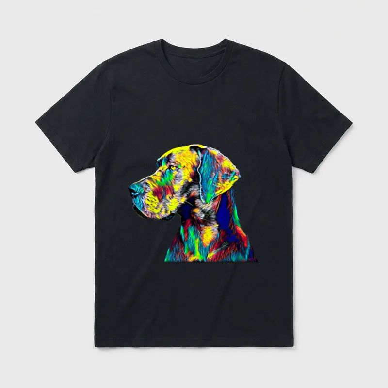 Deutsche Dogge Hund T-Shirt 0867 – Farbiger abstrakter Hundekopf in Regenbogen-Tönen – Klassisches T-Shirt in Schwarz