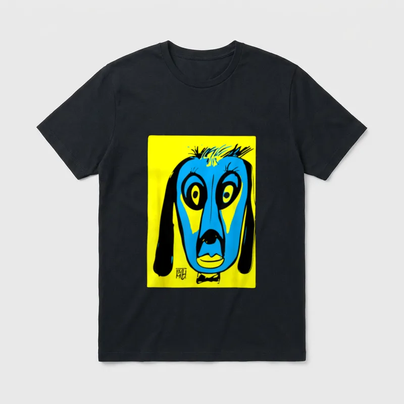 Mein Name ist Wuff T-Shirt – Blaues Pop-Art-Hundegesicht mit Fliege auf gelbem Grund – Klassisches T-Shirt in Schwarz