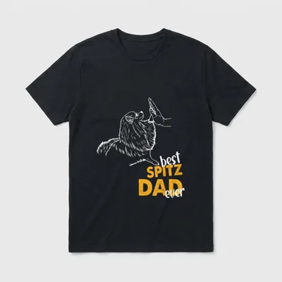 Best Spitz Dad Ever T-Shirt – Weißer Deutscher Spitz gibt High Five neben orange-weißem Text – Klassisches T-Shirt in Schwarz