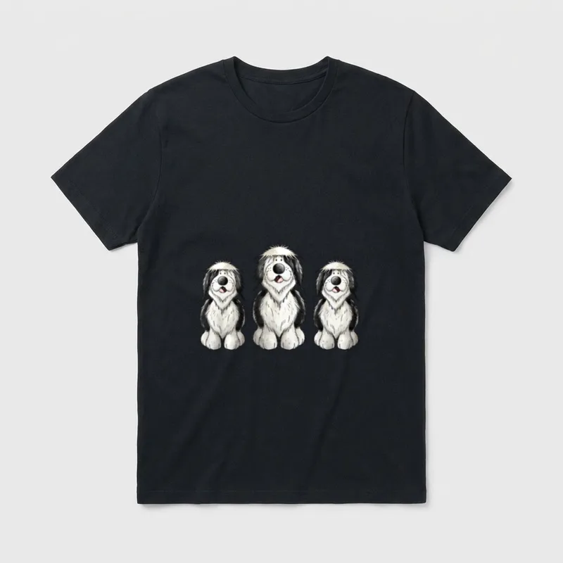 Lustiges Bobtail Trio I T-Shirt – Drei sitzende schwarz-weiße Bobtail-Hunde im Comic-Stil – Klassisches T-Shirt in Schwarz