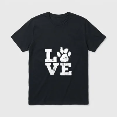 Dog Is Love T-Shirt – Weiße Schrift LOVE mit Pfotenabdruck als O auf grauem Grund – Klassisches T-Shirt in Schwarz