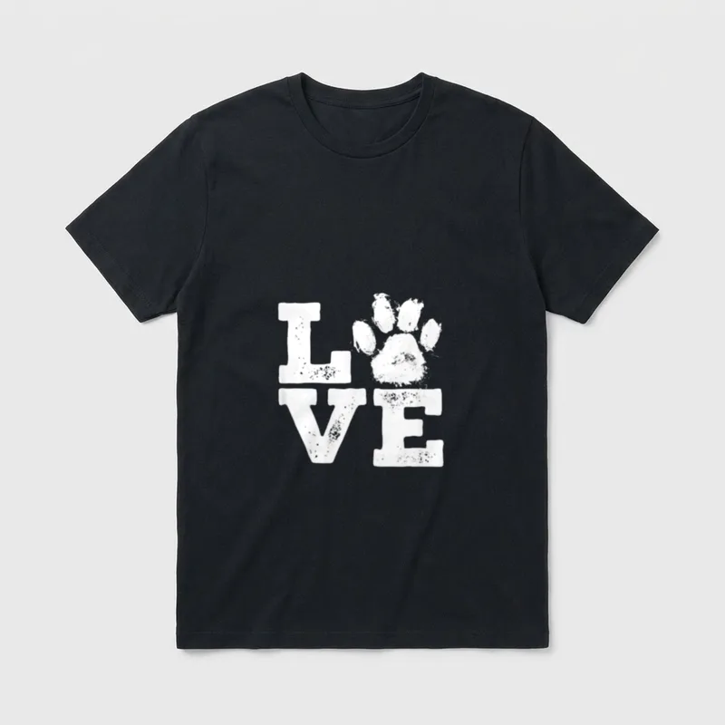 Dog Is Love T-Shirt – Weiße Schrift LOVE mit Pfotenabdruck als O auf grauem Grund – Klassisches T-Shirt in Schwarz