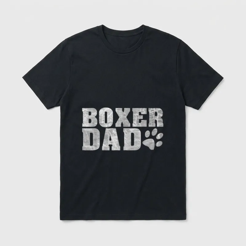 Boxer Boxer Papa Pfote T-Shirt – Schriftzug BOXER DAD mit Tierpfote in grauer Marmorstruktur – Klassisches T-Shirt in Schwarz