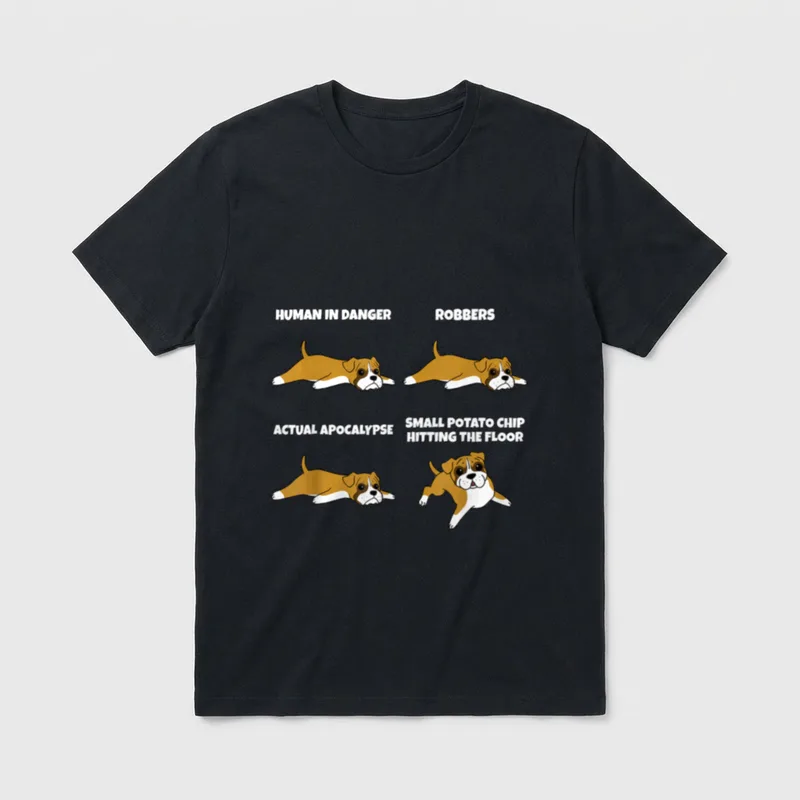 Boxer Potato Chip Lustiger T-Shirt – Lustiger Boxer-Hund mit Text zu Chips und Gefahren – Klassisches T-Shirt in Schwarz