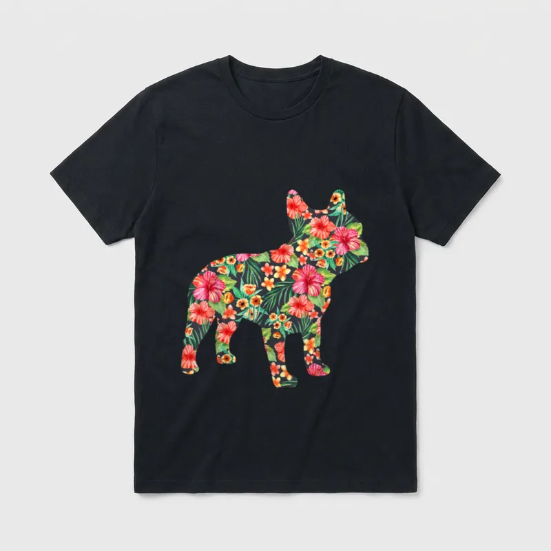 mit französischer Bulldogge Blumenmuster T-Shirt – Klassisches T-Shirt in Schwarz
