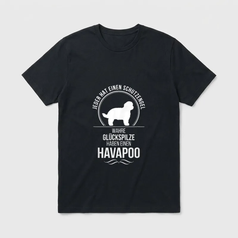 Havapoo Schutzengel Hund Hunde T-Shirt – Weißer Havapoo Hund in Kreis mit Schutzengel Spruch – Klassisches T-Shirt in Schwarz
