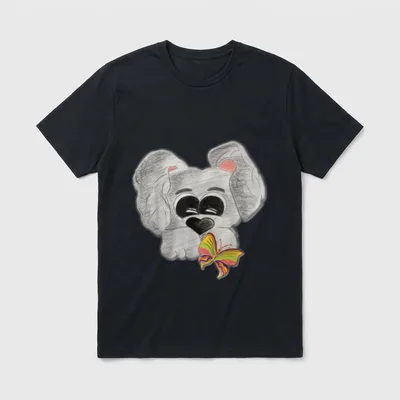 Hund schaut T-Shirt – Handgezeichnetes Hundefoto mit buntem Schmetterling – Klassisches T-Shirt in Schwarz