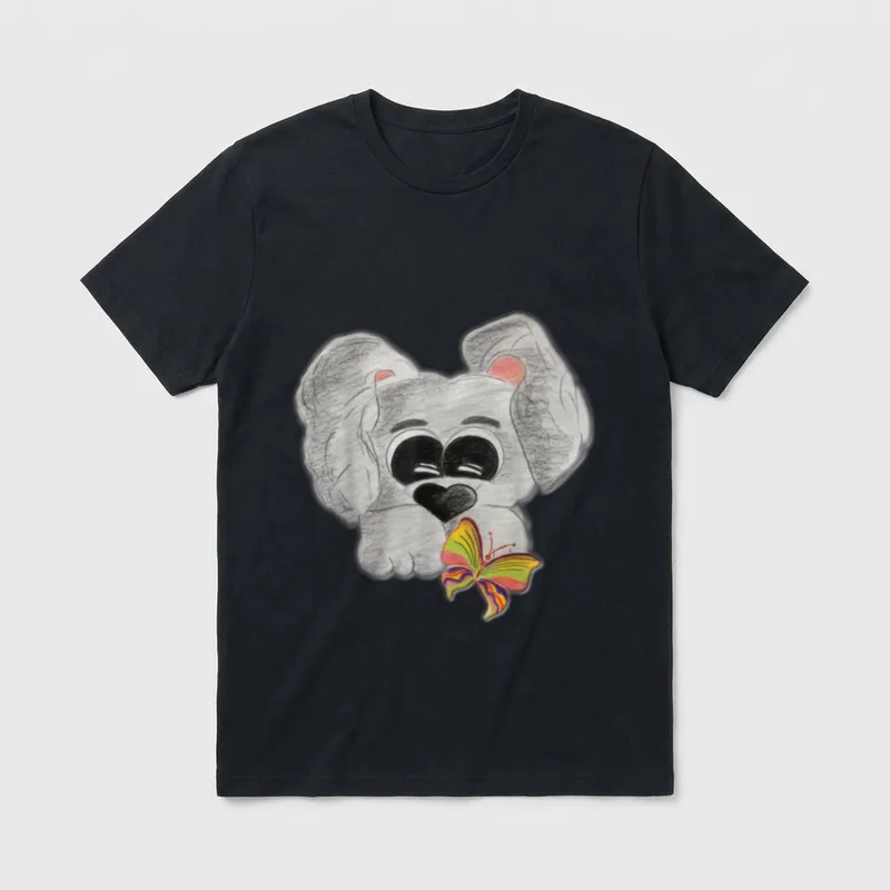 Hund schaut T-Shirt – Handgezeichnetes Hundefoto mit buntem Schmetterling – Klassisches T-Shirt in Schwarz