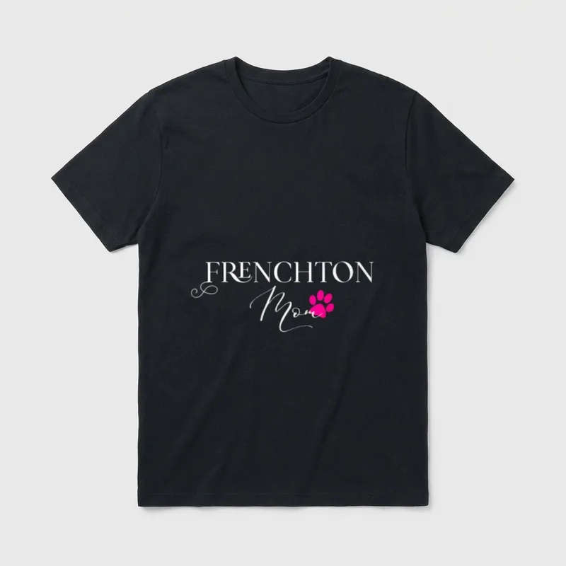 Frenchton Hundemutter T-Shirt – FRENCHTON Mom Schriftzug mit pinkem Pfotenabzeichen – Klassisches T-Shirt in Schwarz