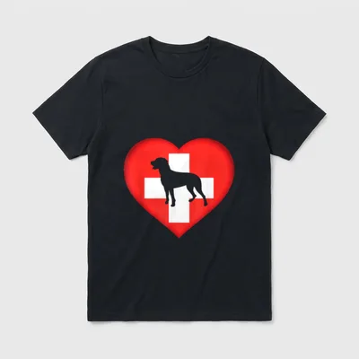 I Love Great Swiss T-Shirt – Graue Hundesilhouette vor rotem Herz mit weißem Schweizer Kreuz – Klassisches T-Shirt in Schwarz