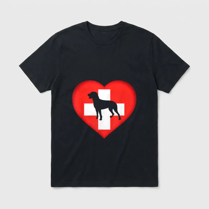 I Love Great Swiss T-Shirt – Graue Hundesilhouette vor rotem Herz mit weißem Schweizer Kreuz – Klassisches T-Shirt in Schwarz